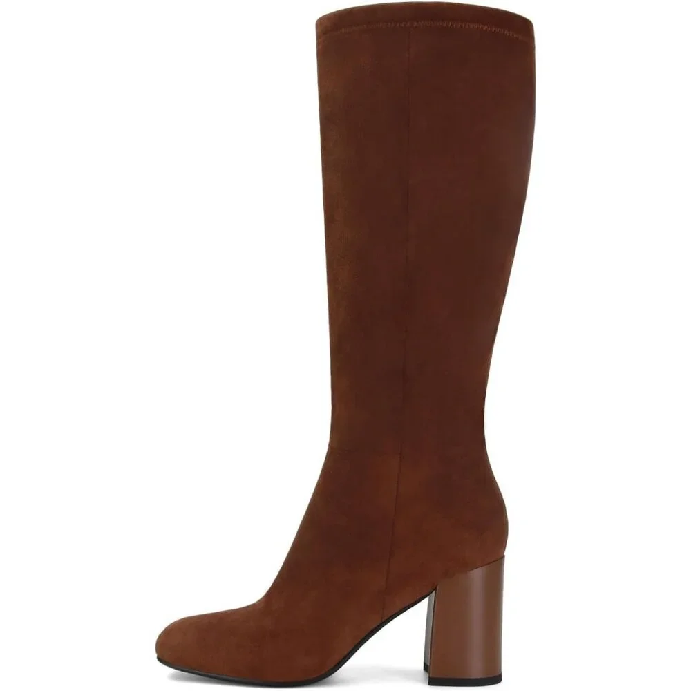 Women's Faux Leather Square Toe Chunky Heel Knee High Boots Side Zip Brown Suede - Picture 2 of 6